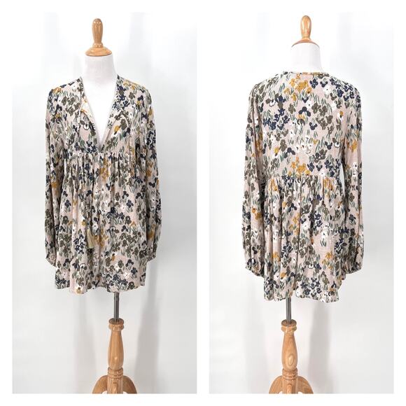 INDAH Floral Print Babydoll Mini Dress Womens Small Medium Long Sleeve Cotton - Picture 1 of 14